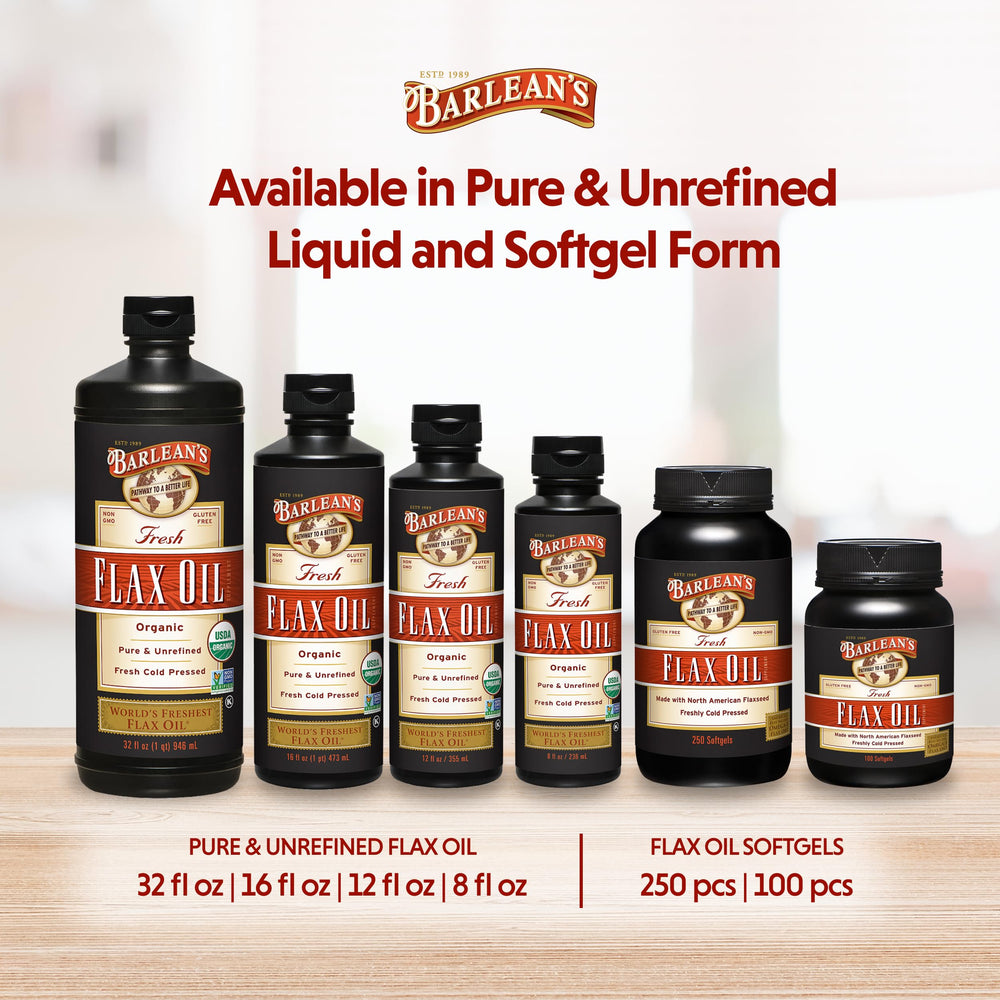 Refrigerated Barlean's flaxseed oil bottle after opening