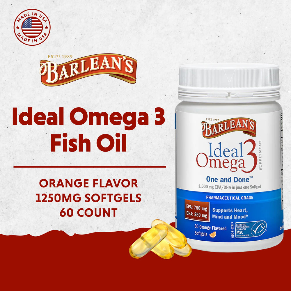 Back label showing nutrition facts for Barlean's Ideal Omega 3 softgels