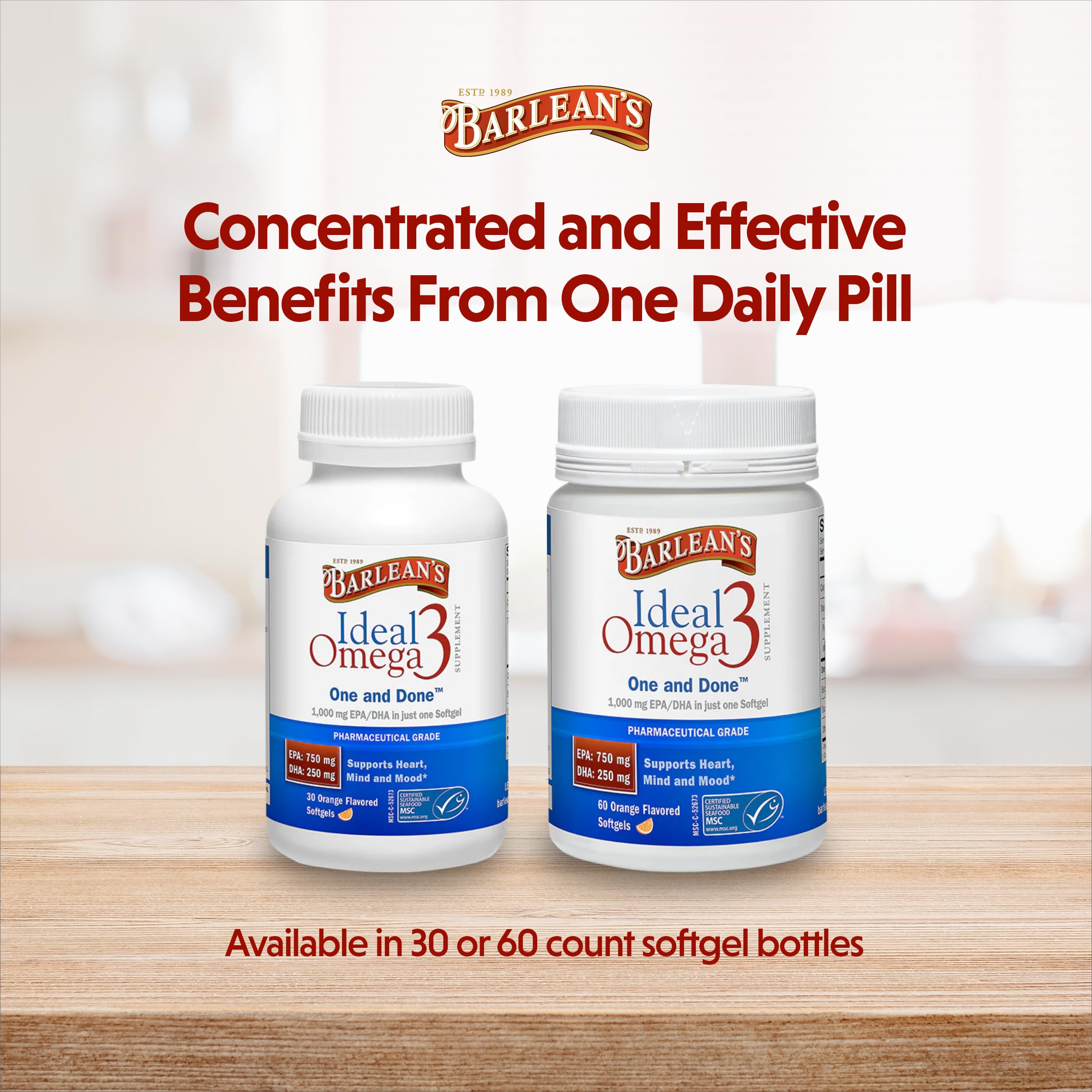 Close-up of Barlean's Omega 3 orange-flavored softgel bottle