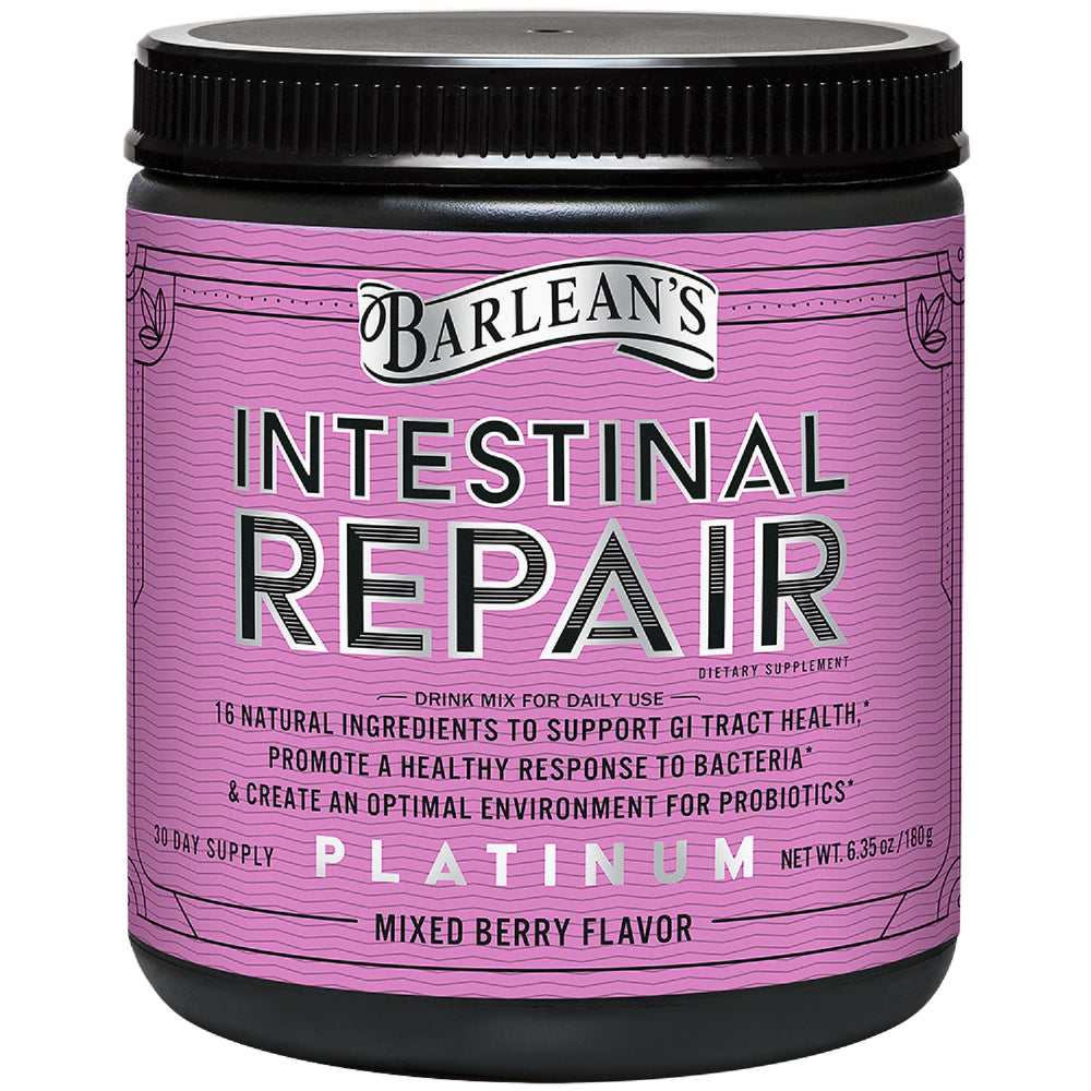 Barlean's Intestinal Repair powder bottle with mixed berry flavor, 6.35 oz