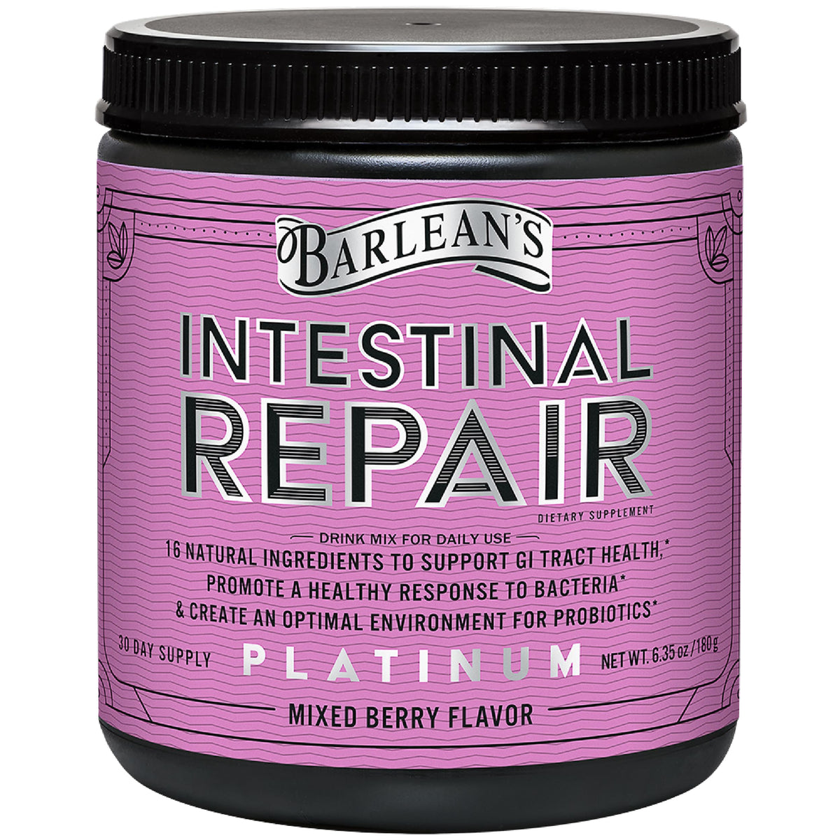 Barlean's Intestinal Repair powder bottle with mixed berry flavor, 6.35 oz