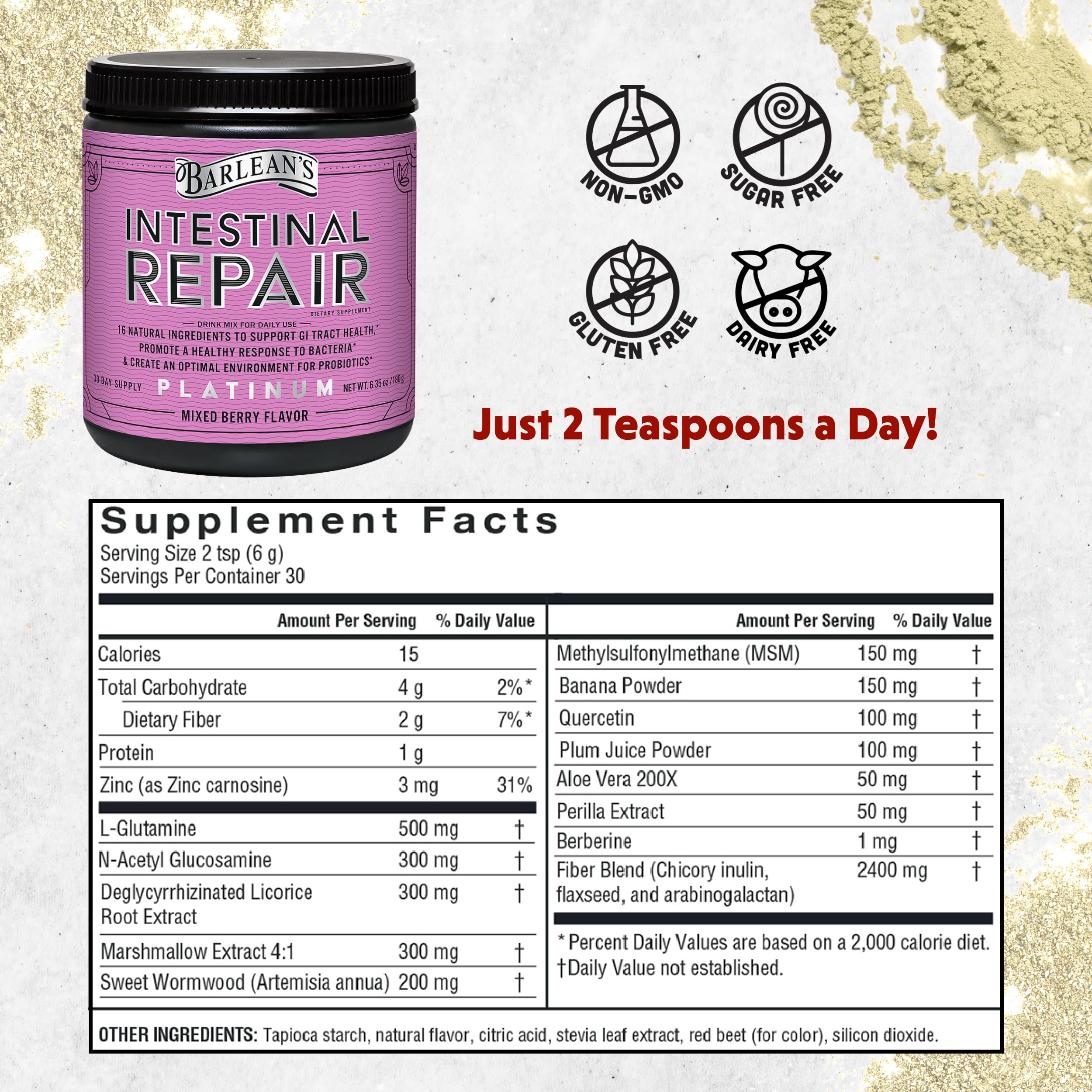 Serving scoop pouring Barlean's Intestinal Repair powder into a glass