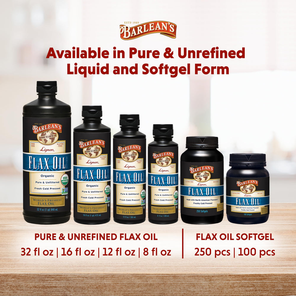 Barlean's flaxseed oil softgels packaging and bottle