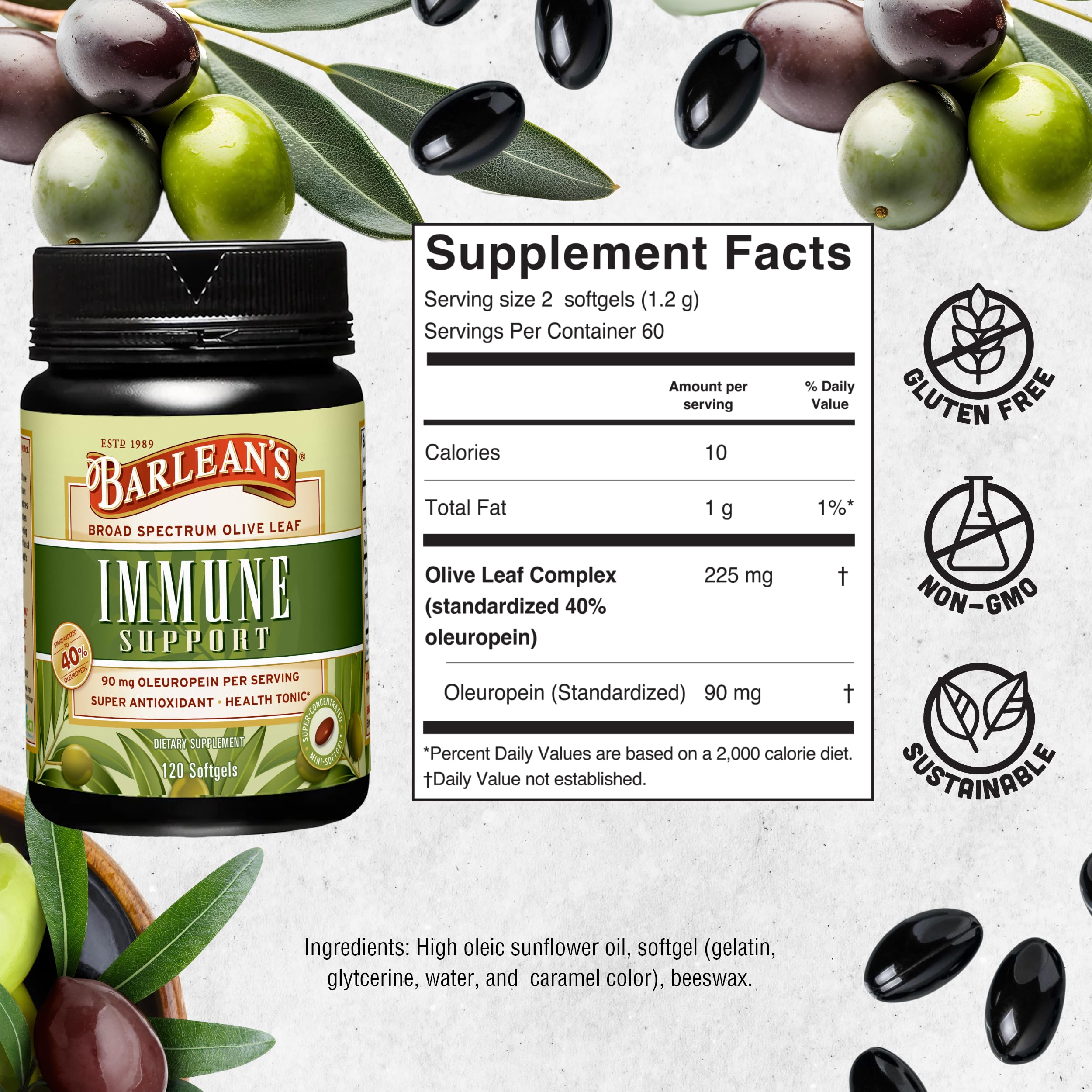 Two mini softgels serving size of Barlean's Olive Leaf Complex
