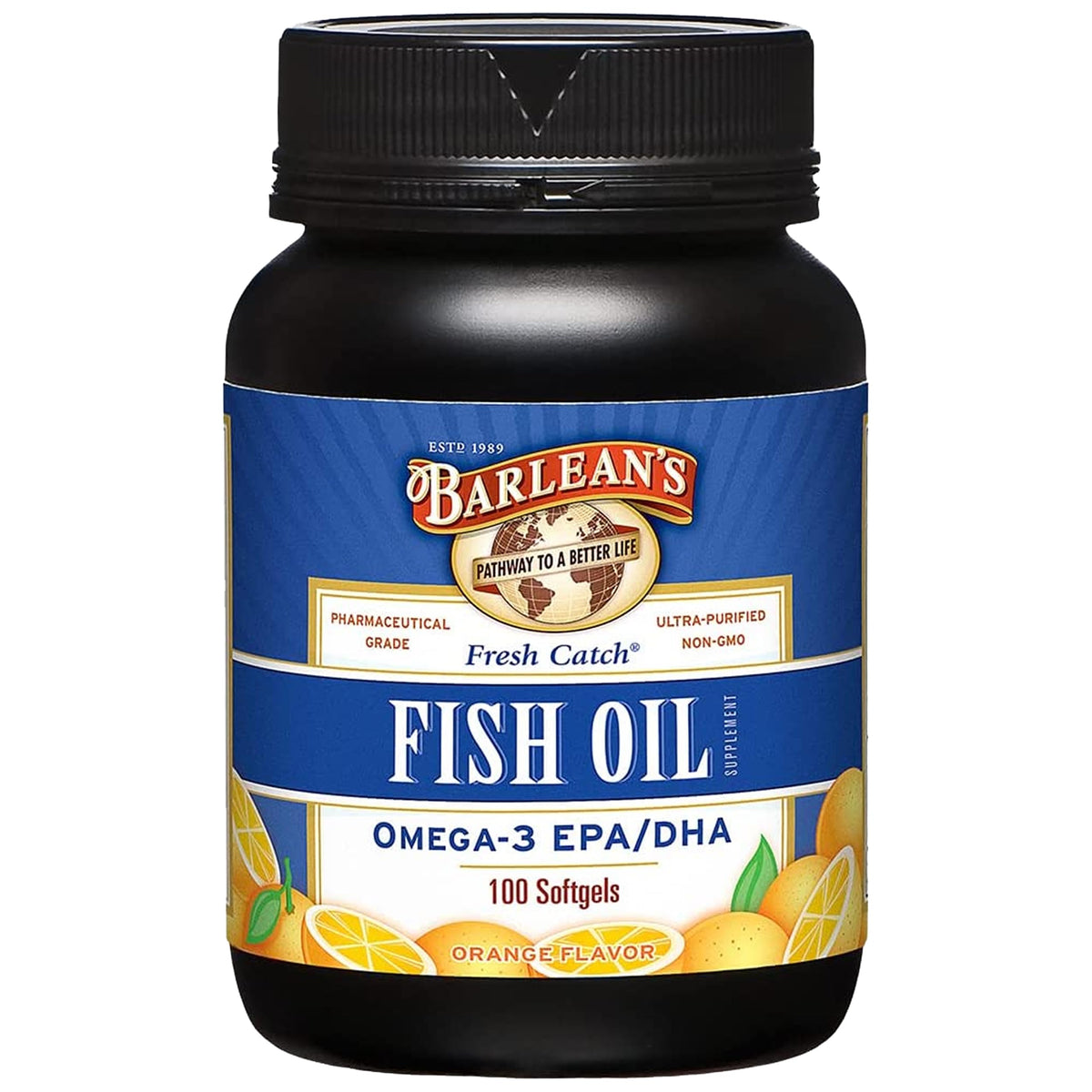 Barlean's Omega-3 Fish Oil Softgels Orange Flavor bottle on white background