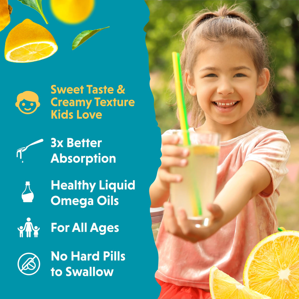 Close-up of Barlean's Omega-3 Kids Lemonade bottle label