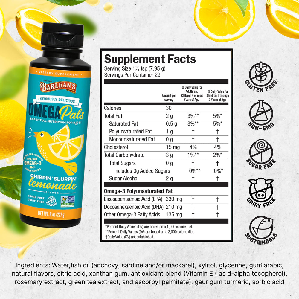 Back view of Barlean's Omega-3 Kids Lemonade bottle with nutrition label