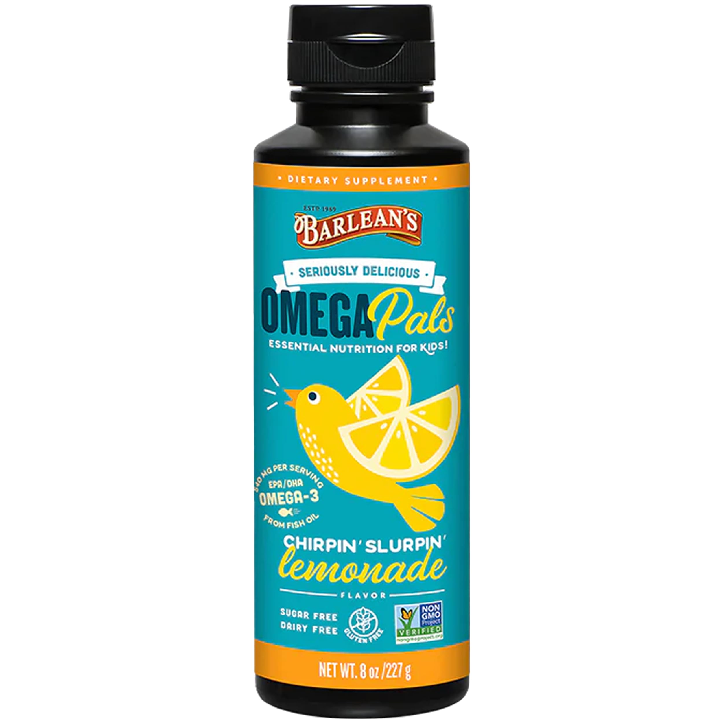 Front view of Barlean's Omega-3 Kids Lemonade bottle 8 oz