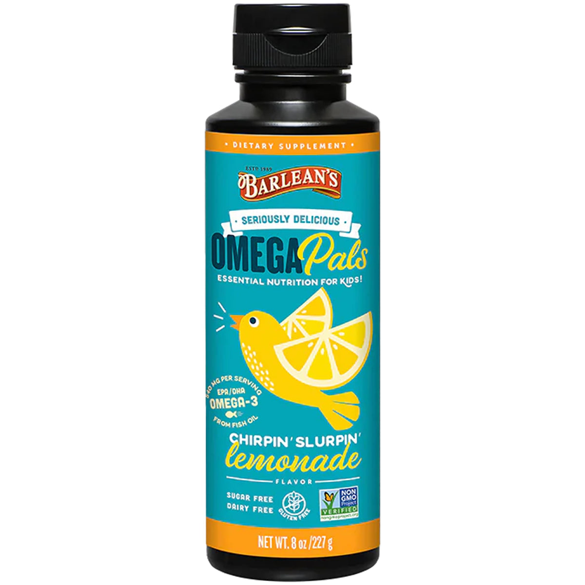 Front view of Barlean's Omega-3 Kids Lemonade bottle 8 oz