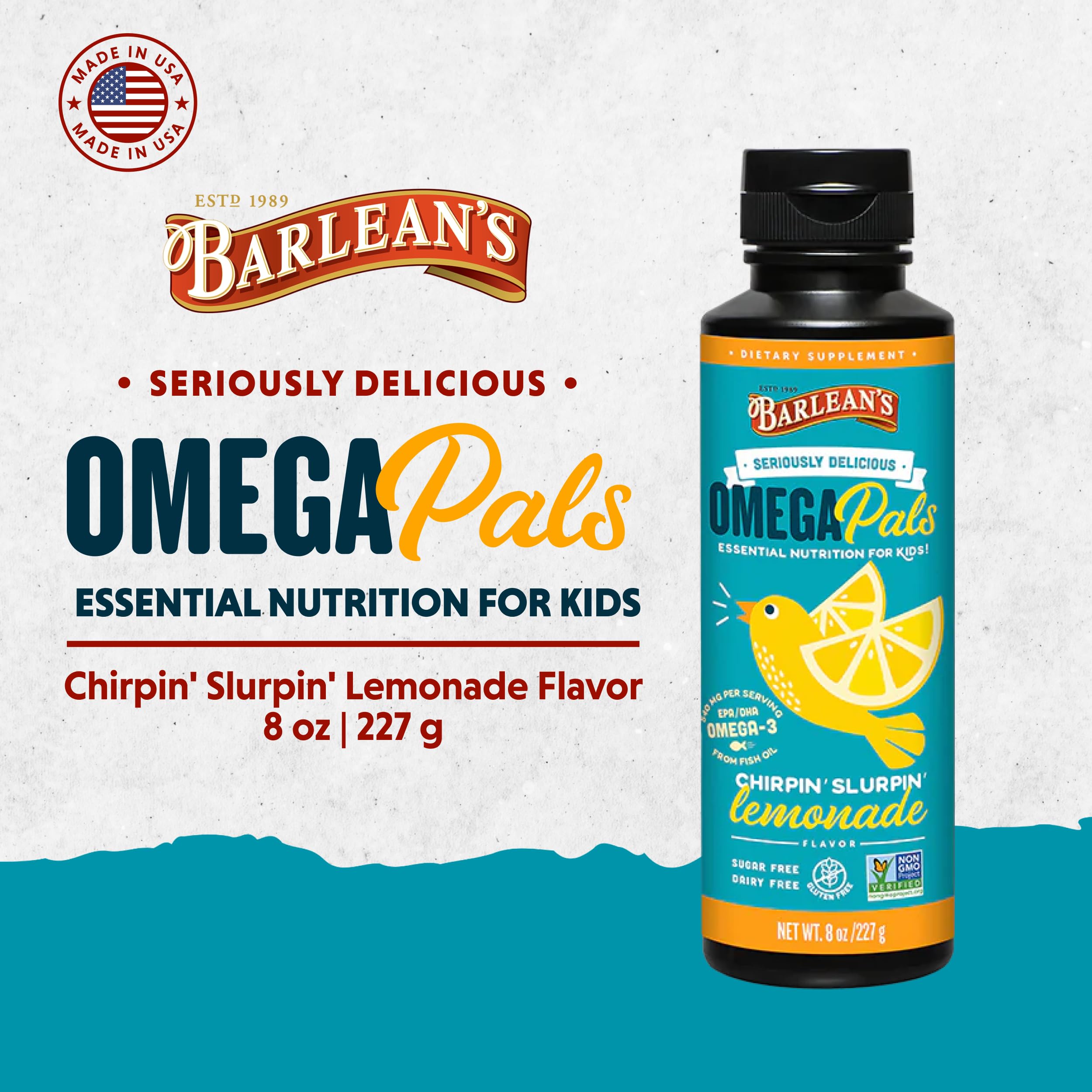 Illustration of Barlean's Omega Pals kids omega-3 in lemonade flavor