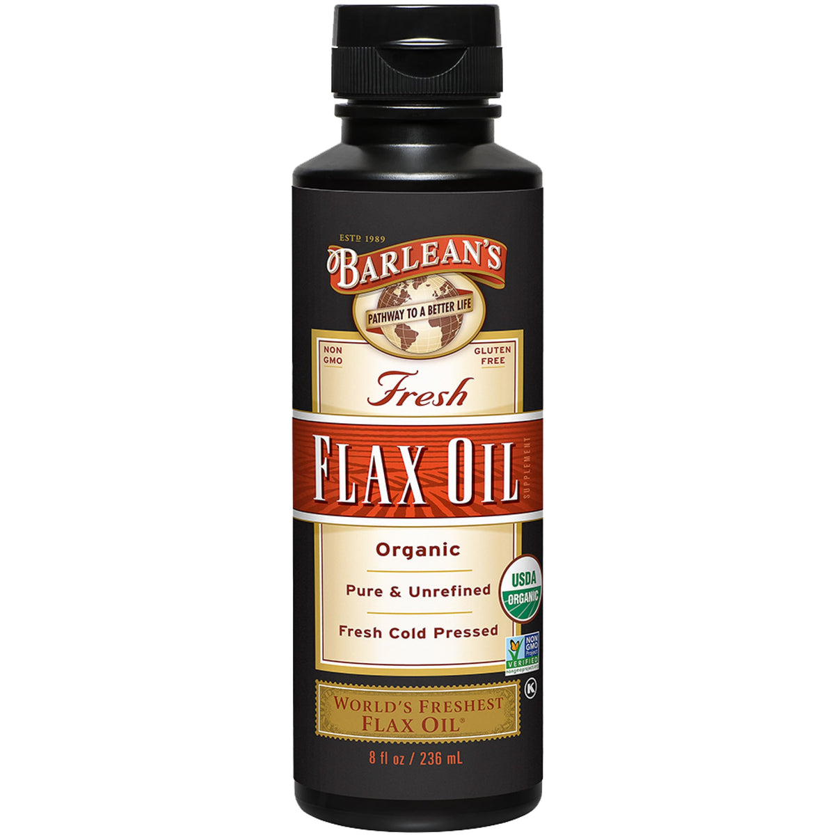 Barlean's Organic Flaxseed Oil bottle, 8 oz, front view