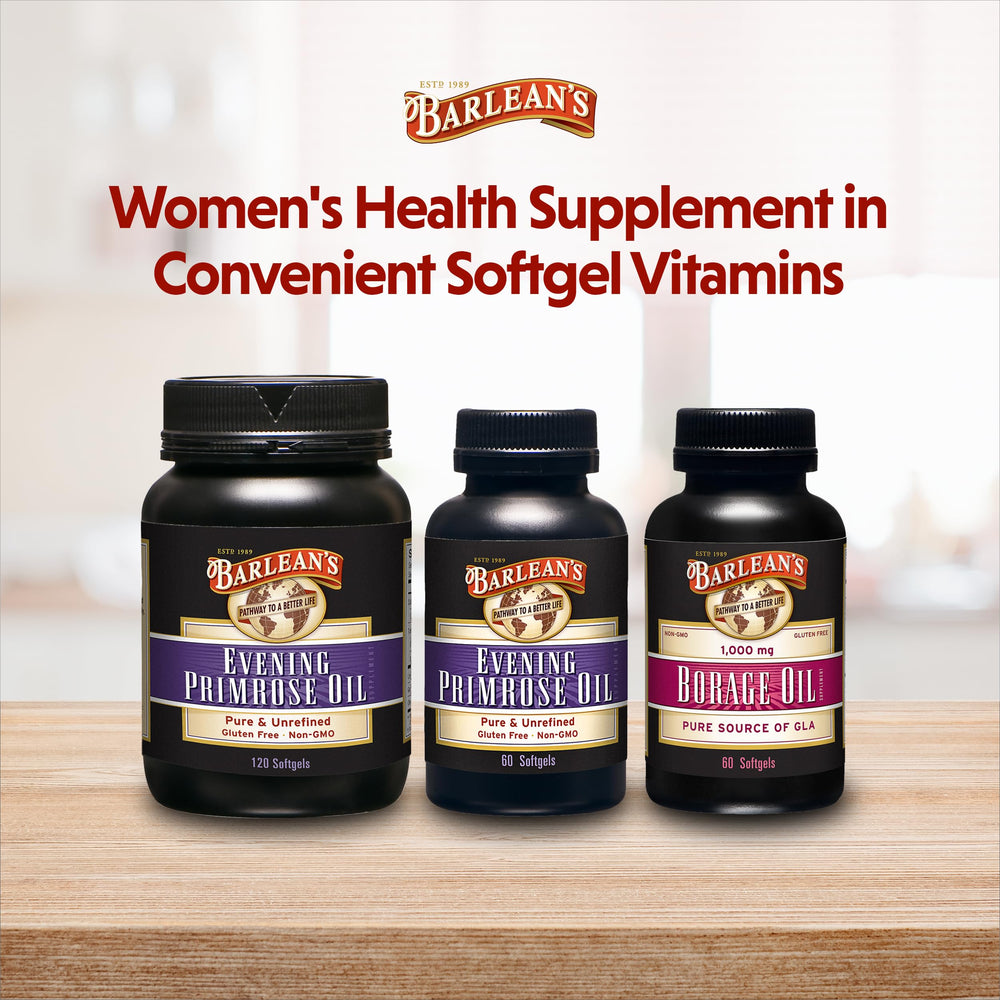 Barlean's Primrose Oil bottle with health and wellness icons