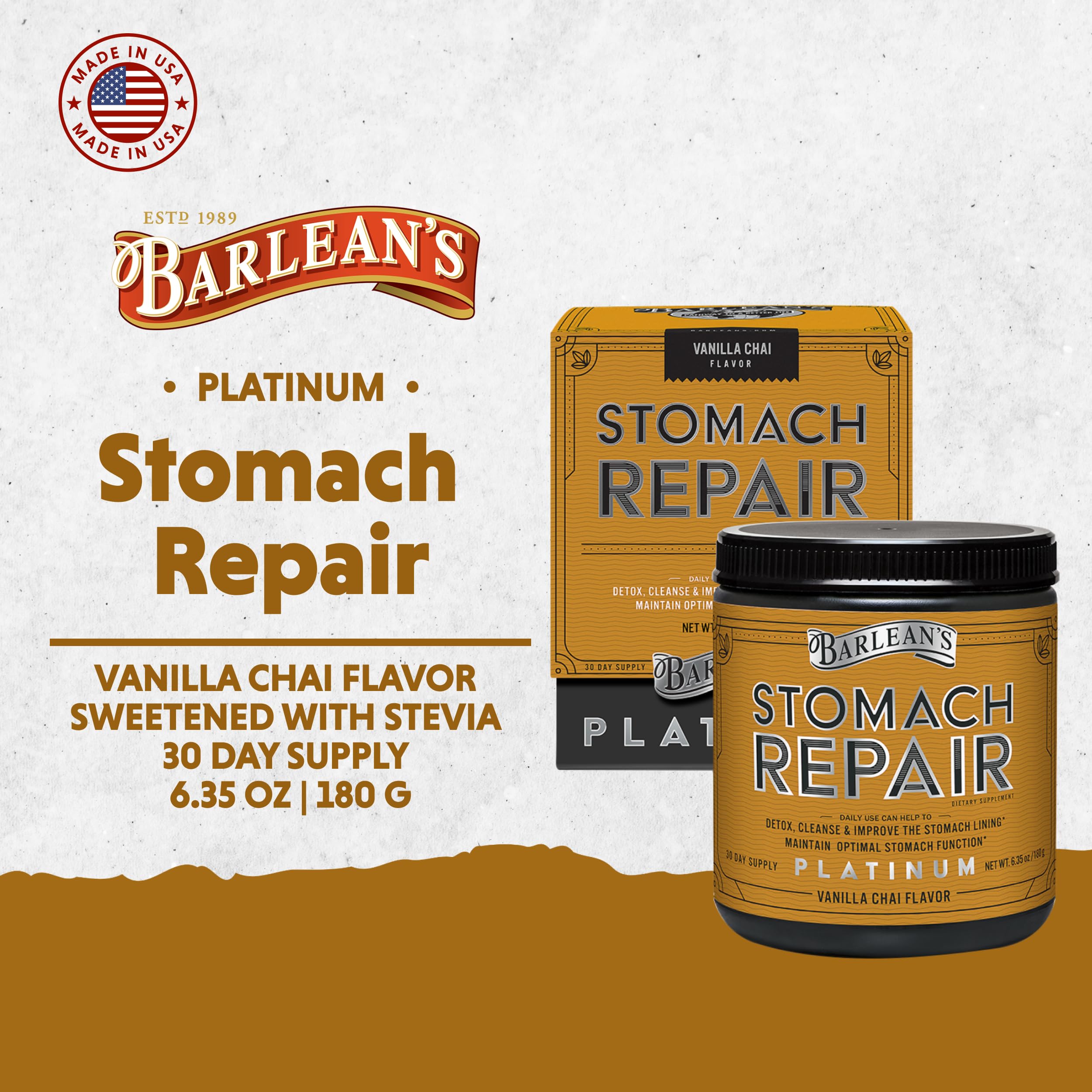 Nutrition facts for Barlean's Stomach Repair Vanilla Chai powder