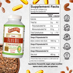 Close-up of Barlean's flaxseed oil softgels packaging with 1650 mg ALA