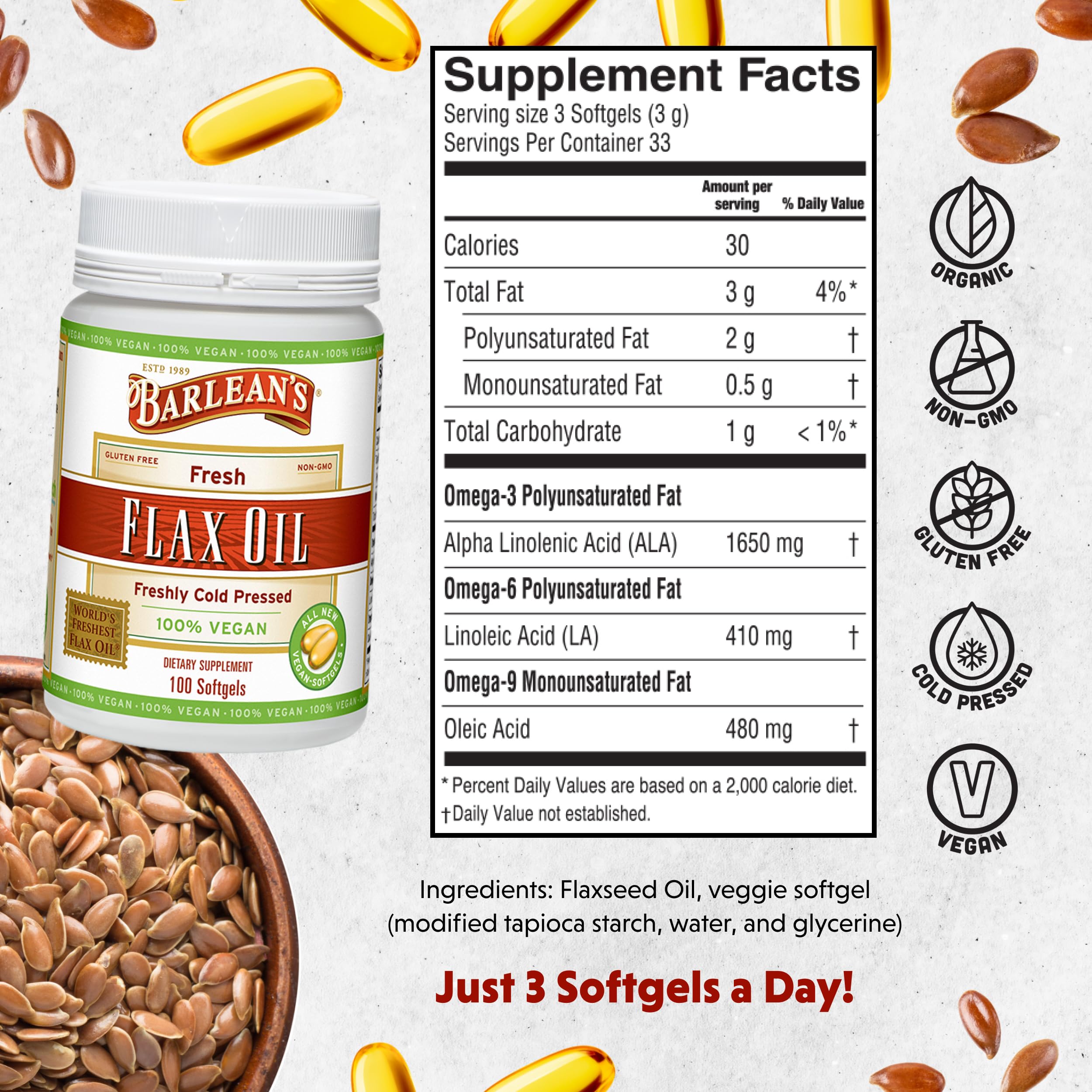 Close-up of flaxseed oil softgels showing 1650 mg ALA per serving