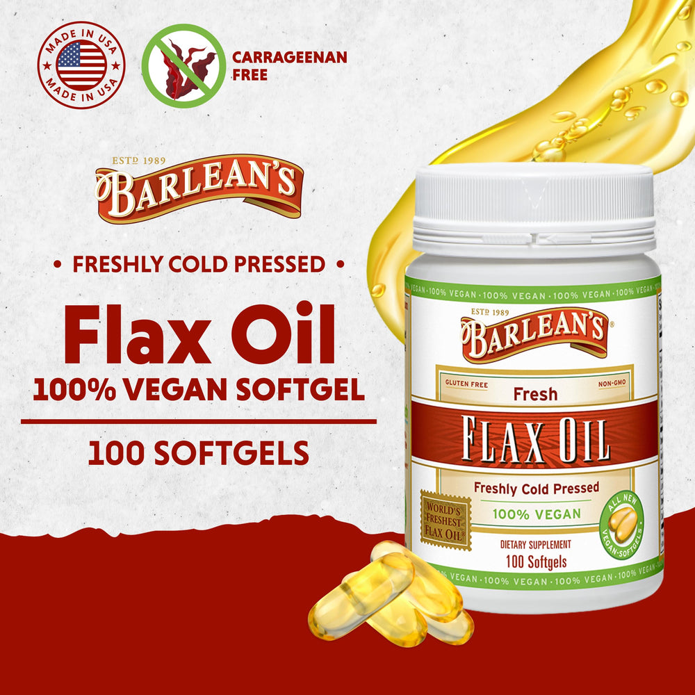 On-the-go bottle of Barlean's flaxseed oil softgels