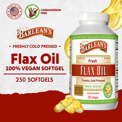 Front view of Barlean's vegan flaxseed oil softgels bottle