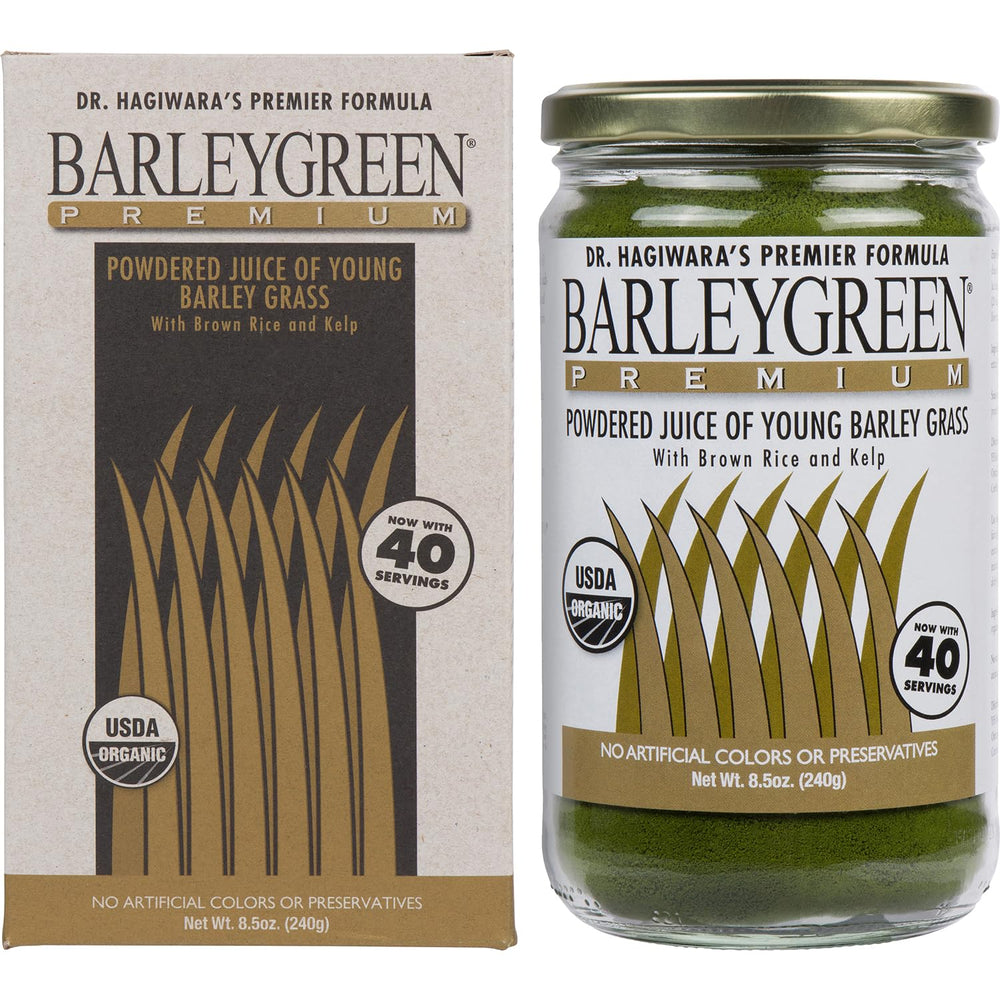 Close-up of barley grass powder in a scoop