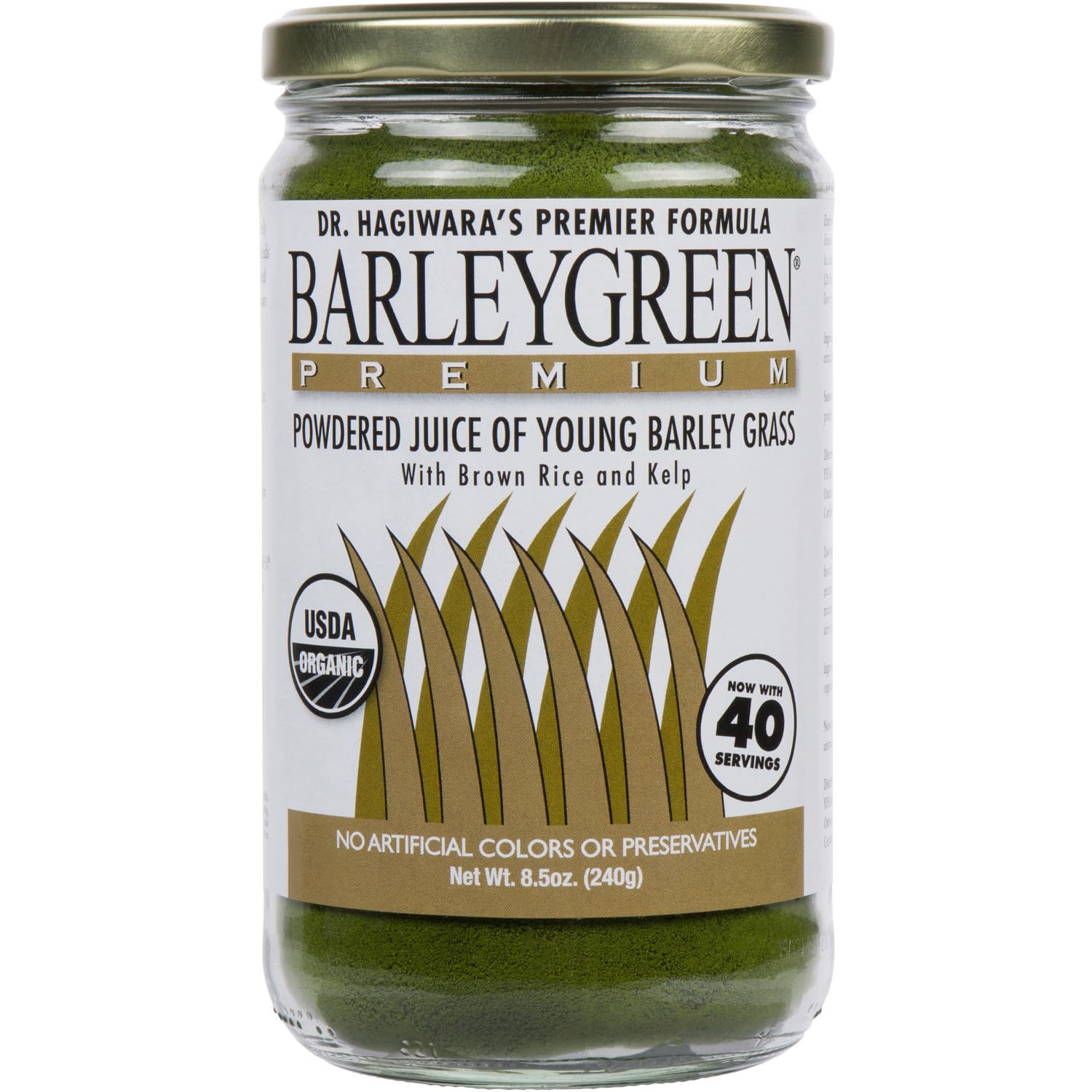 Front view of BARLEYGREEN with Kelp 240g jar