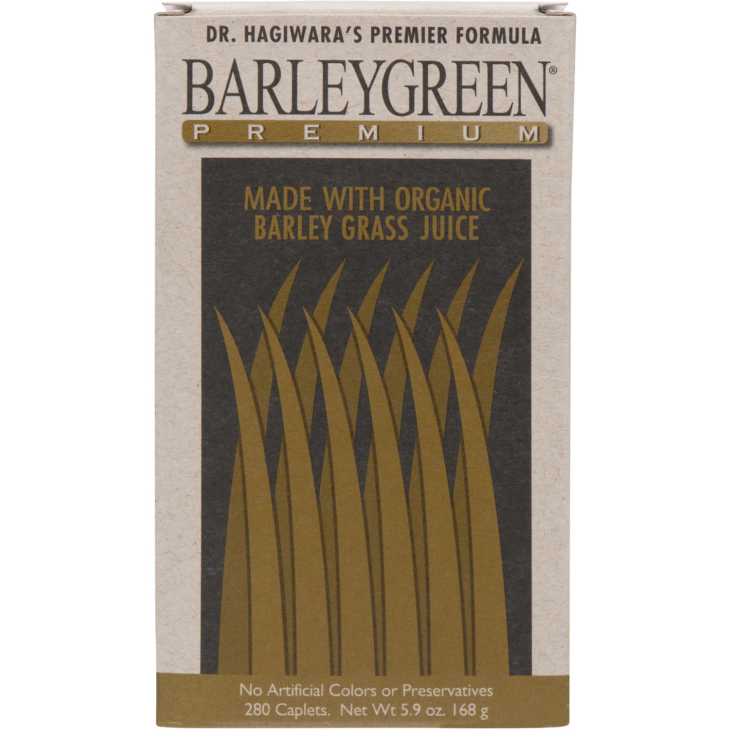 Ingredients list showing barley grass, kelp, and brown rice