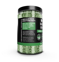 Side view of barley grass capsules bottle