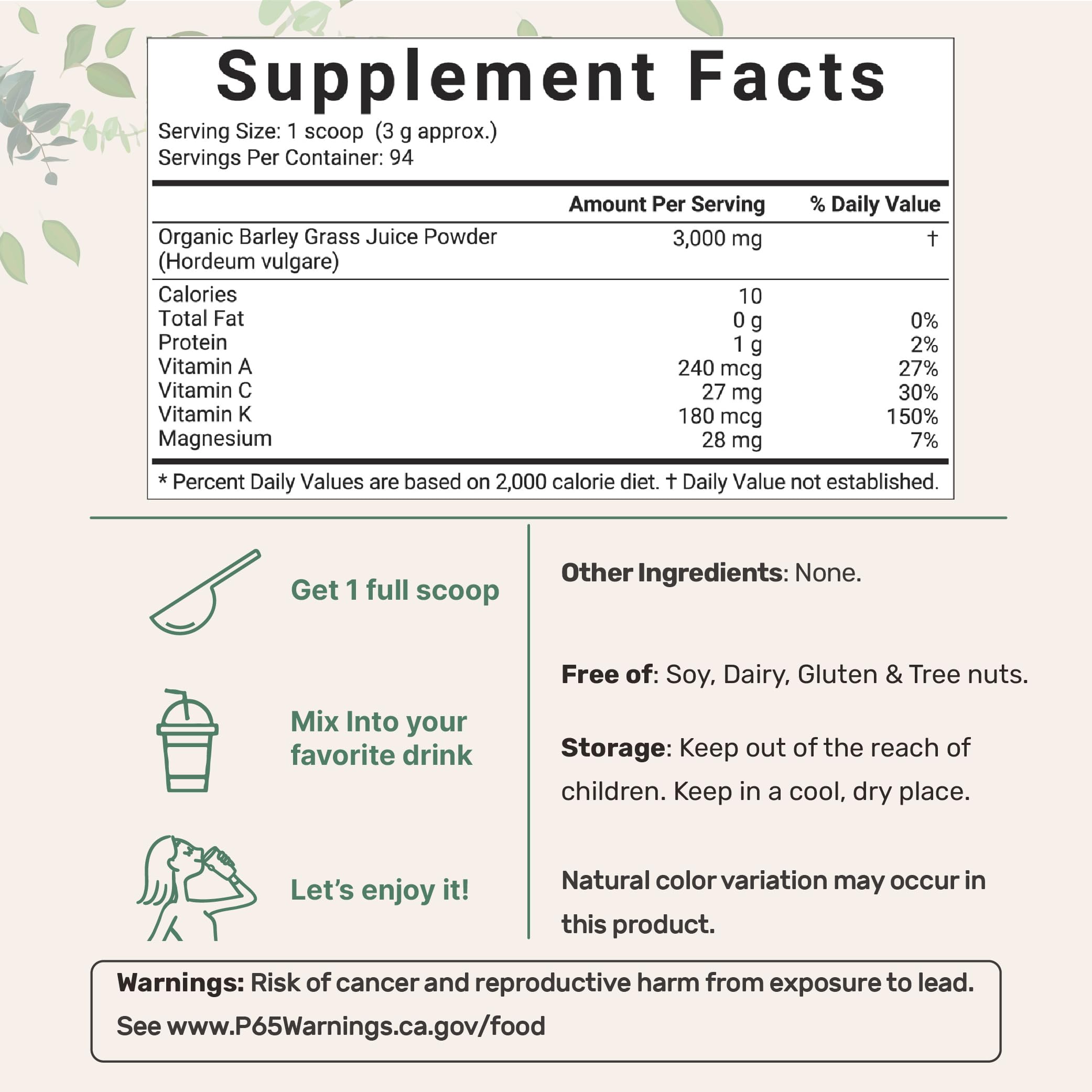 Back label with nutrition facts and certifications