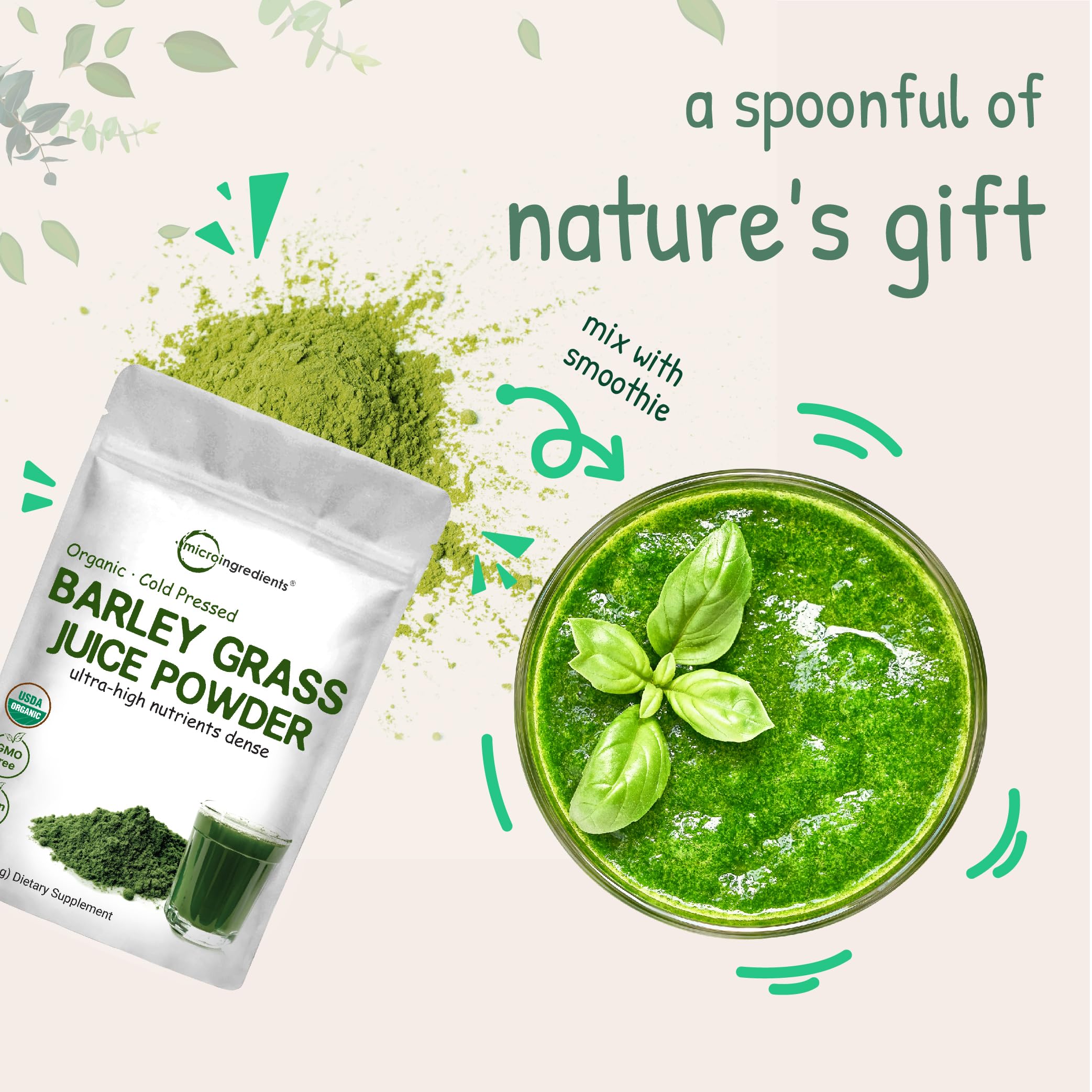 Close-up texture of barley grass juice powder in container