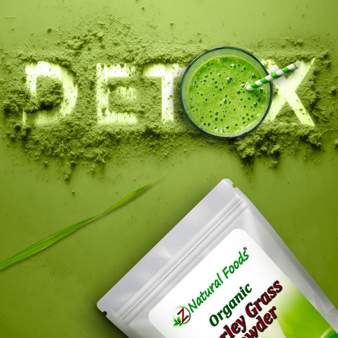 Bright green barley grass powder in a bowl