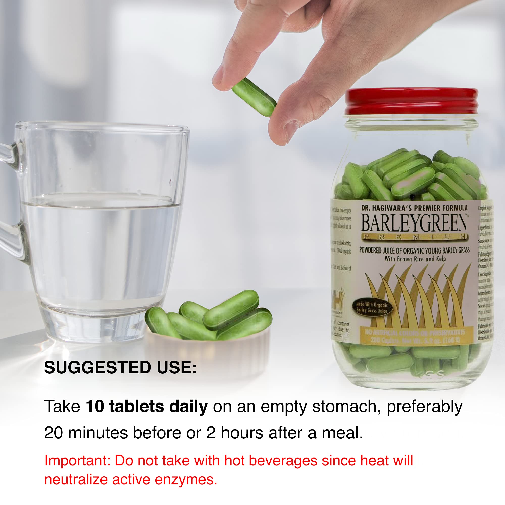 Illustration of daily dosage of 10 BARLEYGREEN caplets