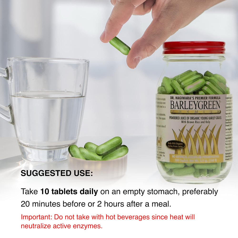 Illustration of daily dosage of 10 BARLEYGREEN caplets