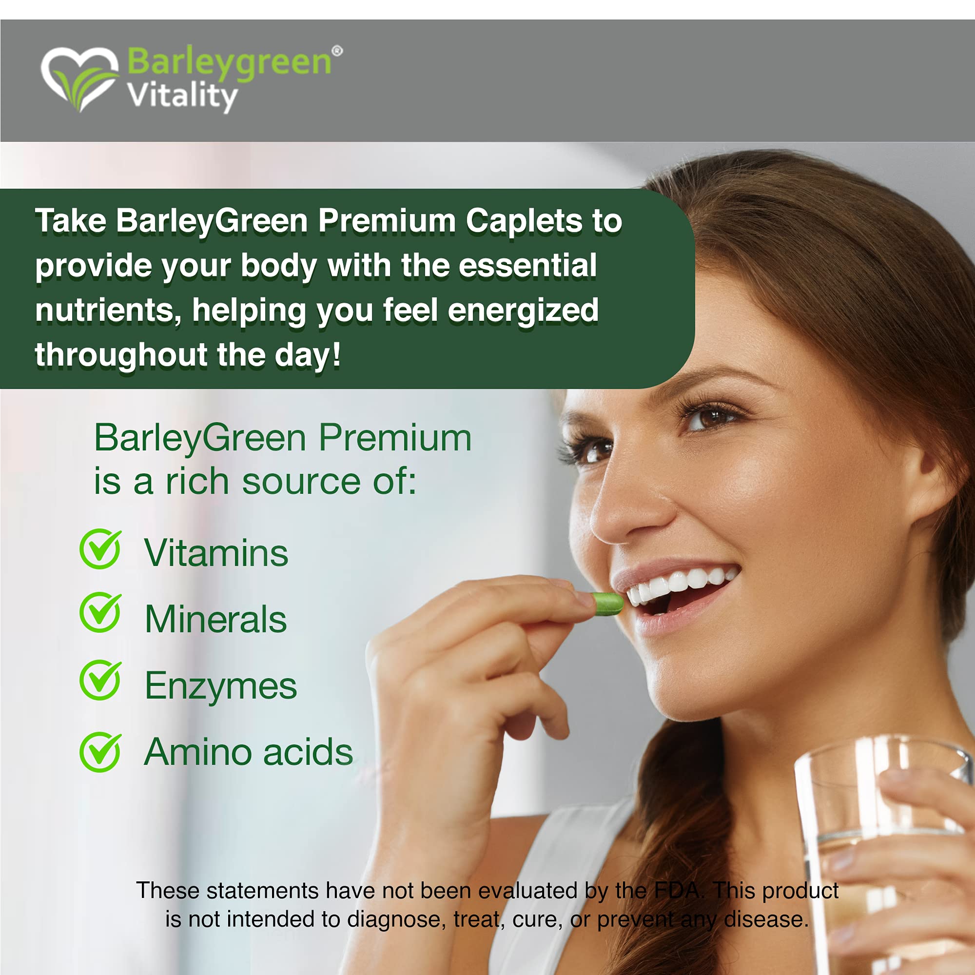Gluten-free, vegan-friendly, non-GMO BARLEYGREEN caplets