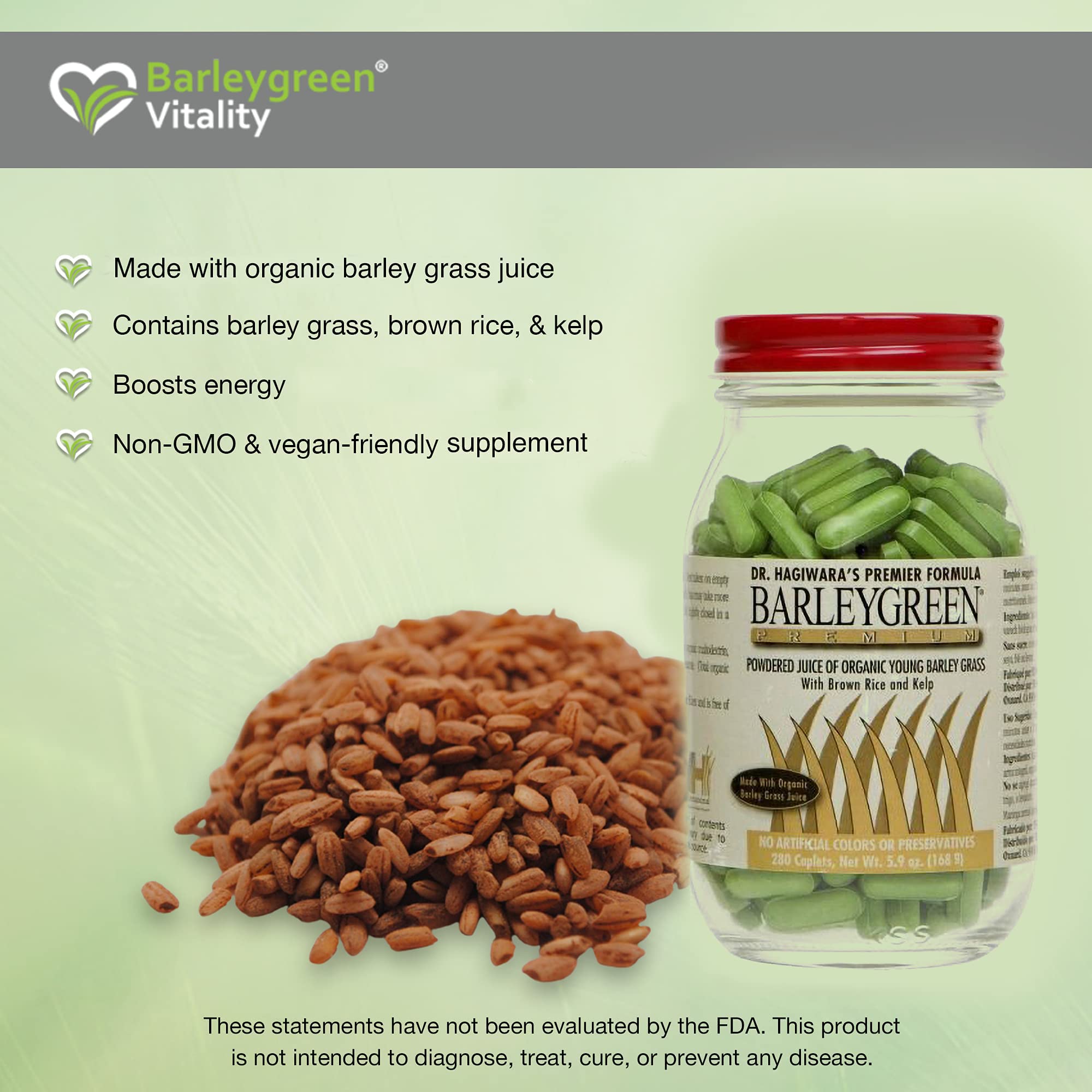 Organic barley grass juice, kelp, and brown rice in BARLEYGREEN caplets