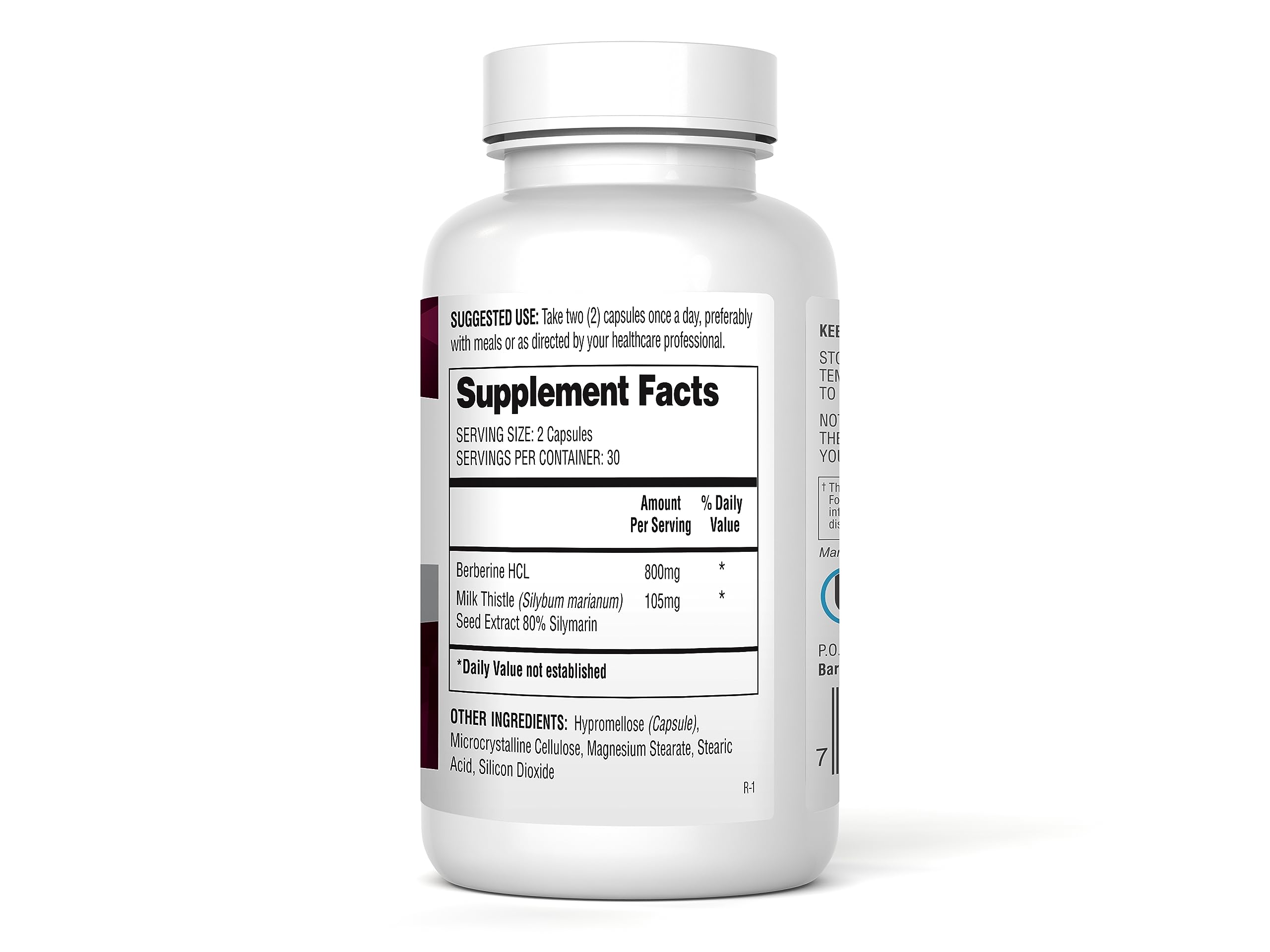 Close-up of Berberine HCL 800mg capsules with Milk Thistle