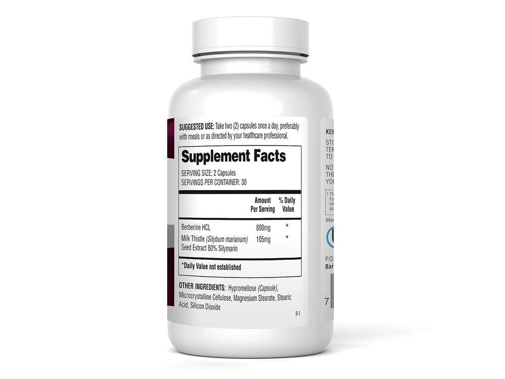 Close-up of Berberine HCL 800mg capsules with Milk Thistle