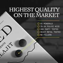 Close-up of Based Shilajit tablets label and ingredients