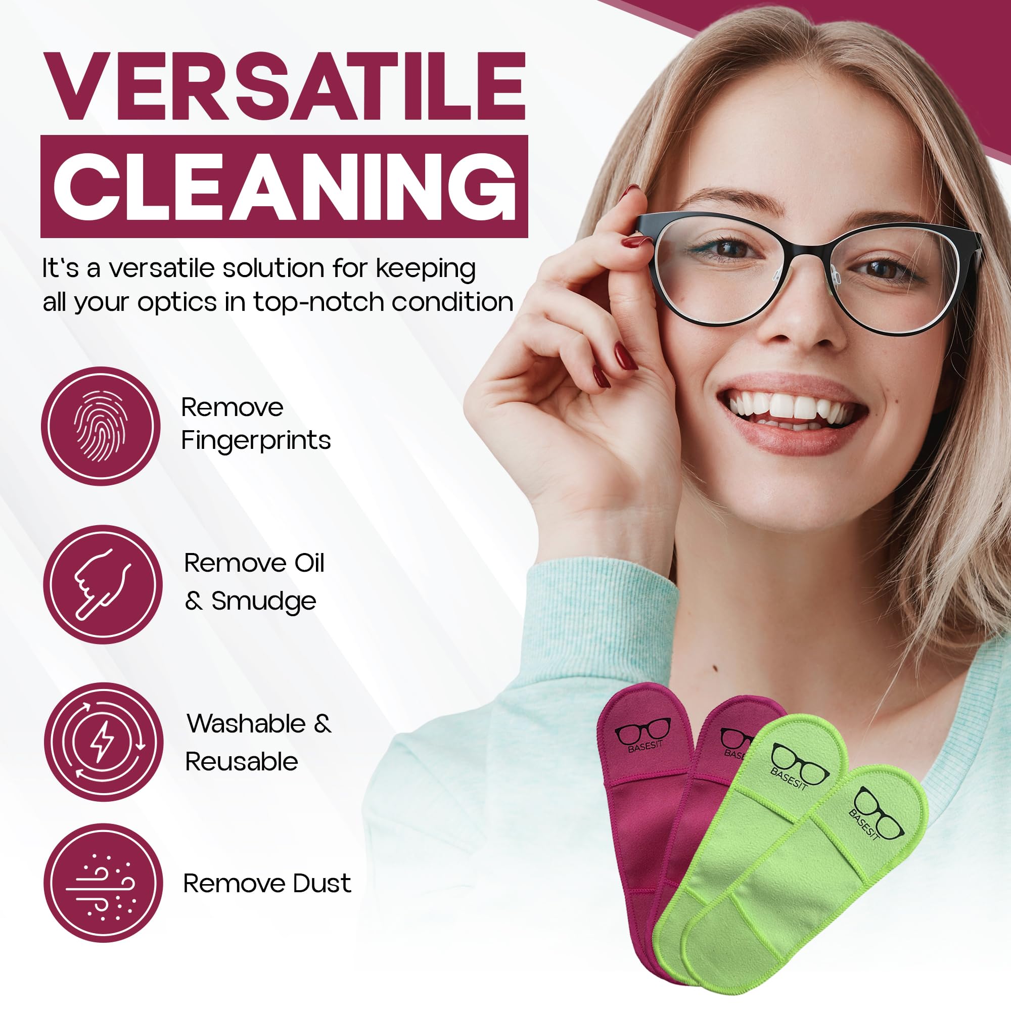 Portable Basesit cleaning cloth beside a glasses case