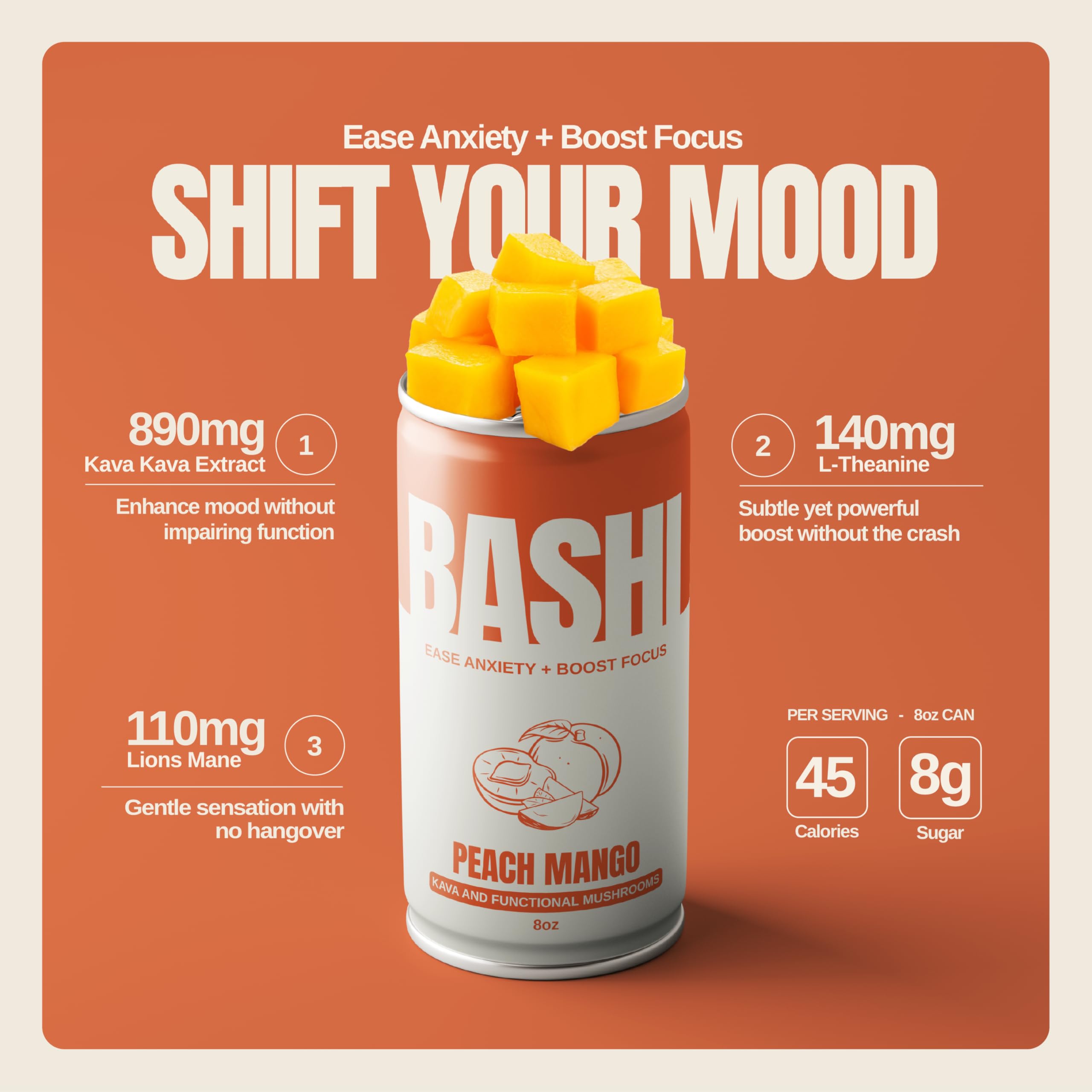 Bashi Kava Drink Peach Mango 8oz can displaying label