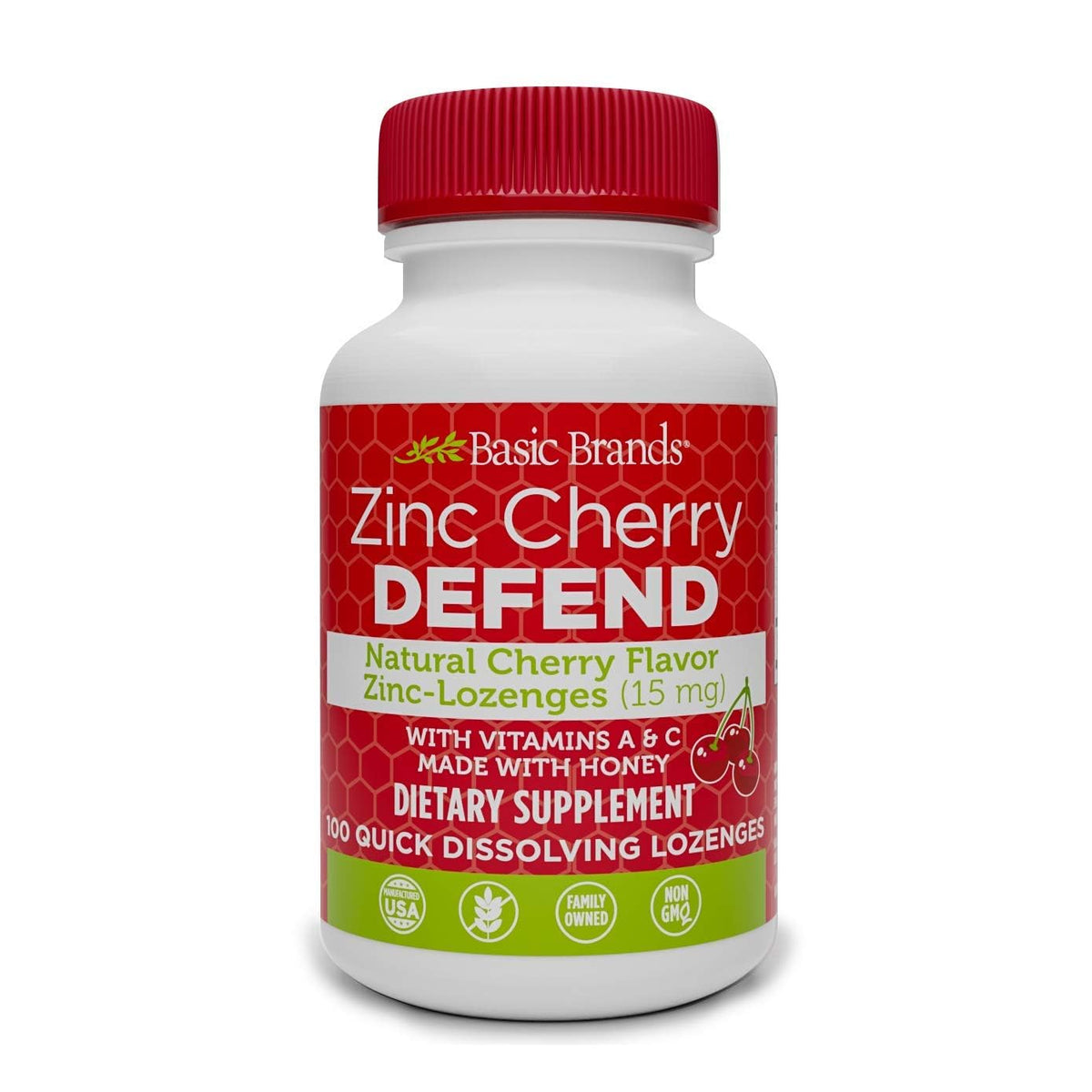 Basic Brands Zinc Lozenges Cherry flavor packaging, 100-count bottle