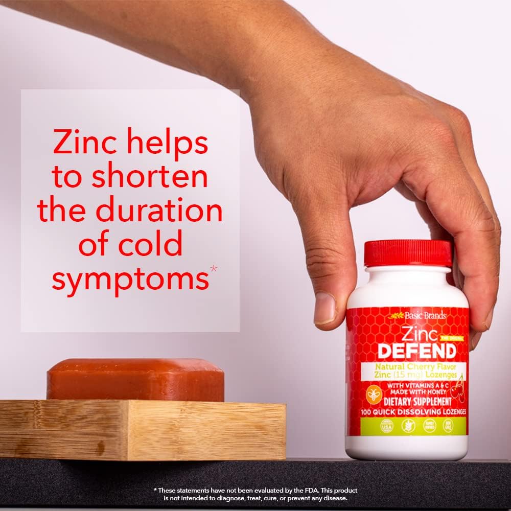 Front view of Basic Brands Zinc Lozenges Cherry bottle label