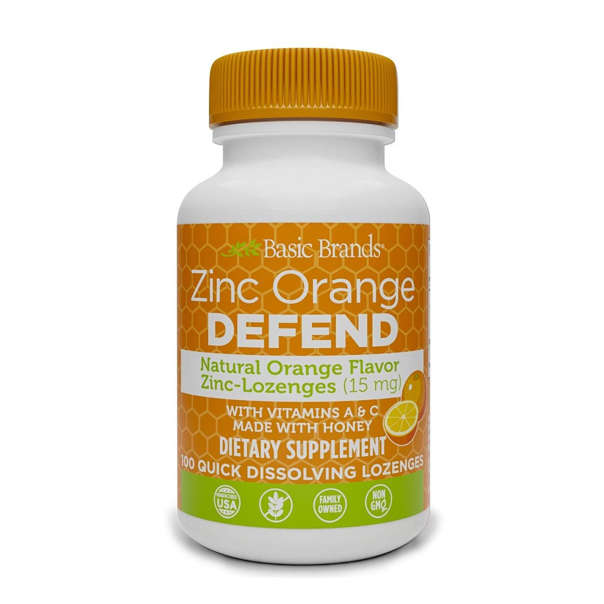 Front view of Basic Brands Zinc Lozenges orange bottle, 100 count