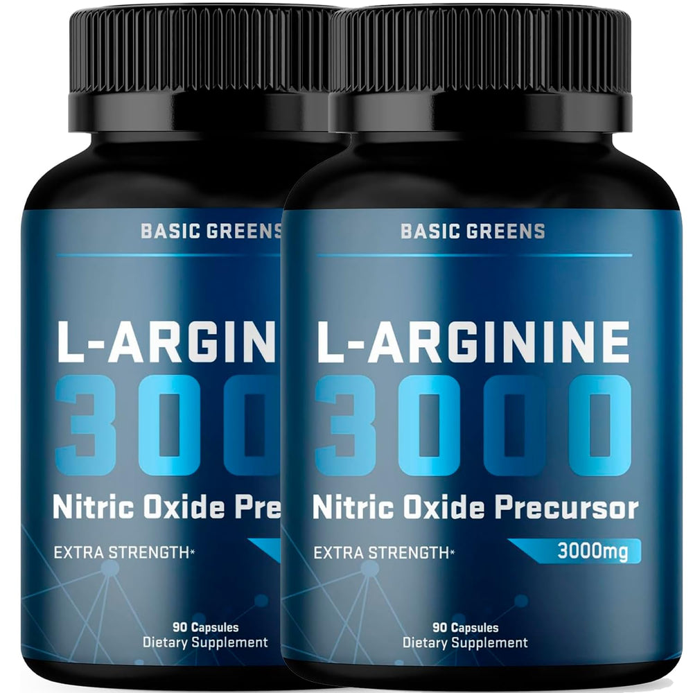Front view of BASIC GREENS L-Arginine 3000mg bottle