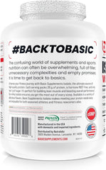 Basic Supplements Whey isolate scoop dissolves quickly, supporting rapid post-workout fueling