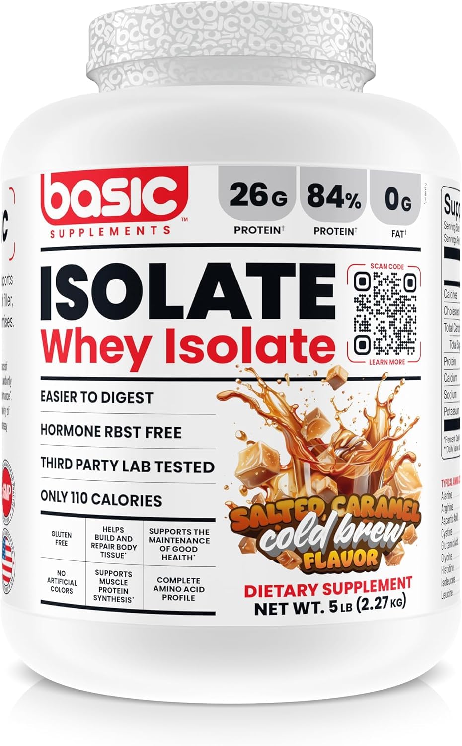 Basic Supplements Basic Whey Protein Isolate tub front signals high-protein support for workouts