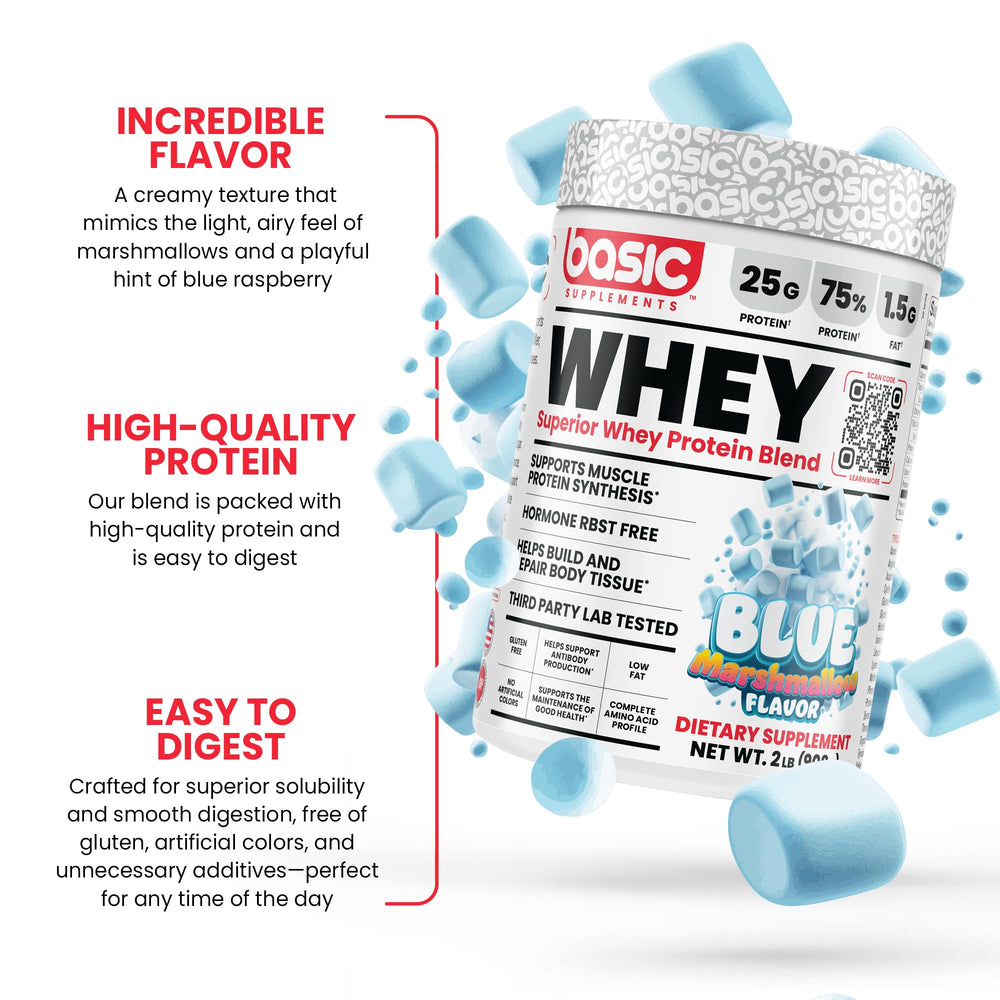 Basic Supplements label highlights cross-flow microfiltration for undenatured protein preservation