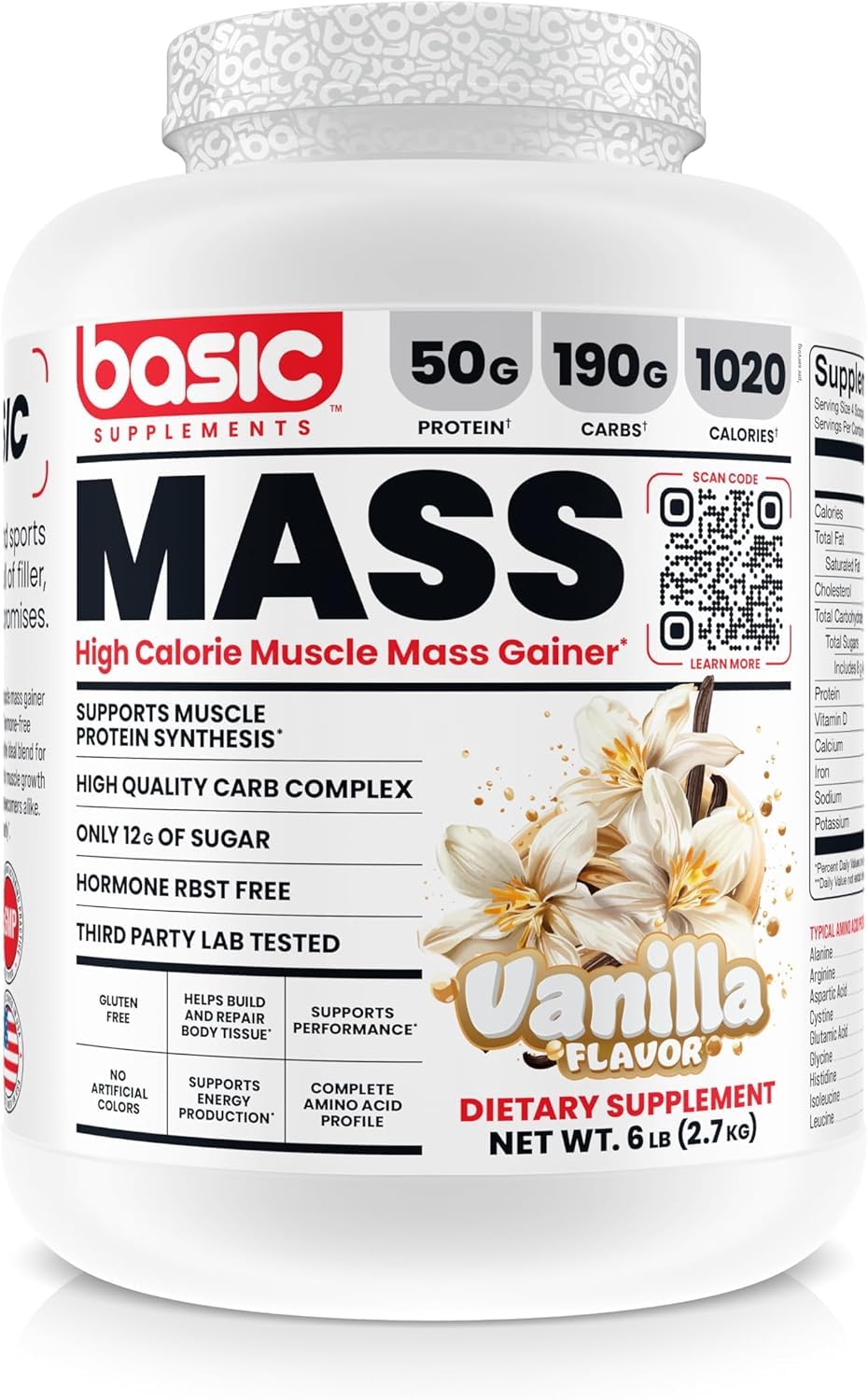 Front view of BASIC SUPPLEMENTS Mass Gainer 6 lb Vanilla bottle