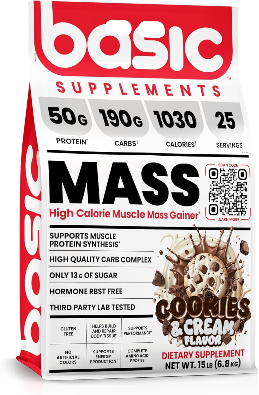 Front view of BASIC SUPPLEMENTS Mass Gainer Cookies and Cream 15 lb tub
