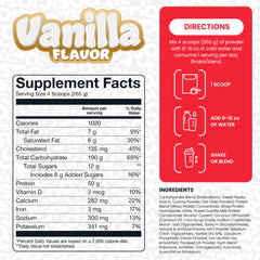 Ingredients and protein profile: 50g protein per serving from Glanbia in BASIC SUPPLEMENTS Mass Gainer