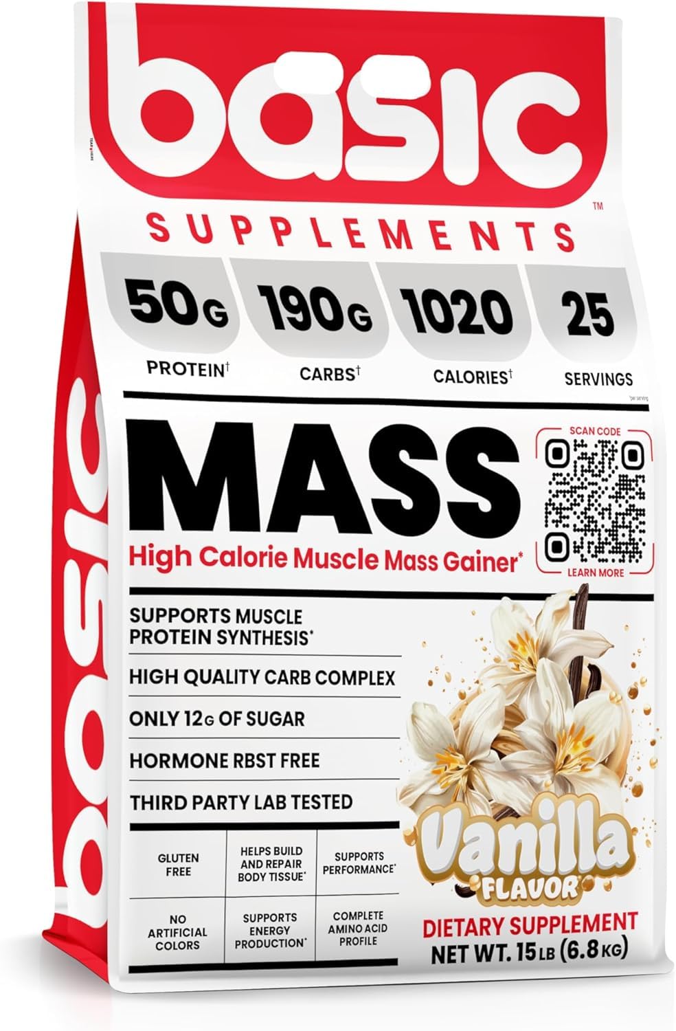 Basic Supplements Mass Gainer Vanilla bottle label shows high-protein, high-carb formula for muscle support