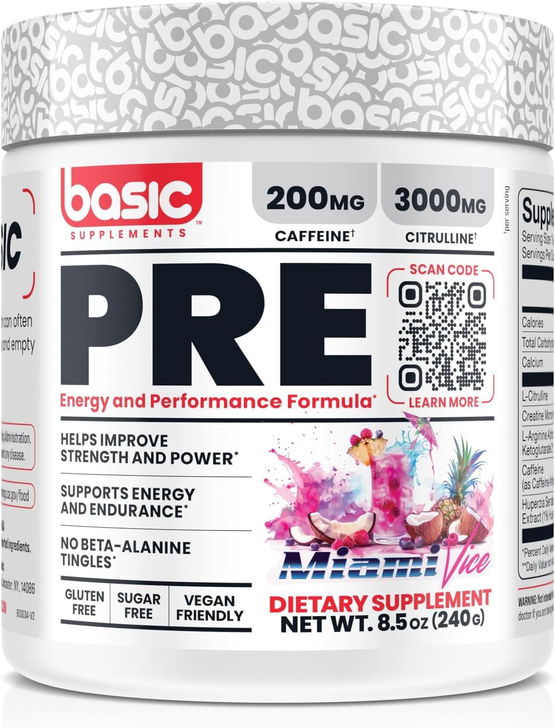 Basic Supplements pre-workout bottle closeup highlighting energy-boosting caffeine and pump-friendly citrulline