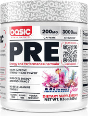 Basic Supplements pre-workout bottle closeup highlighting energy-boosting caffeine and pump-friendly citrulline
